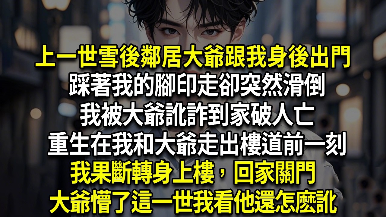 上一世雪後鄰居大爺跟我身後出門踩著我的腳印走卻突然滑倒我被大爺訛詐到家破人亡重生在我和大爺走出樓道前一刻我果斷轉身上樓，回家關門大爺懵了這一世我看他還怎麽訛