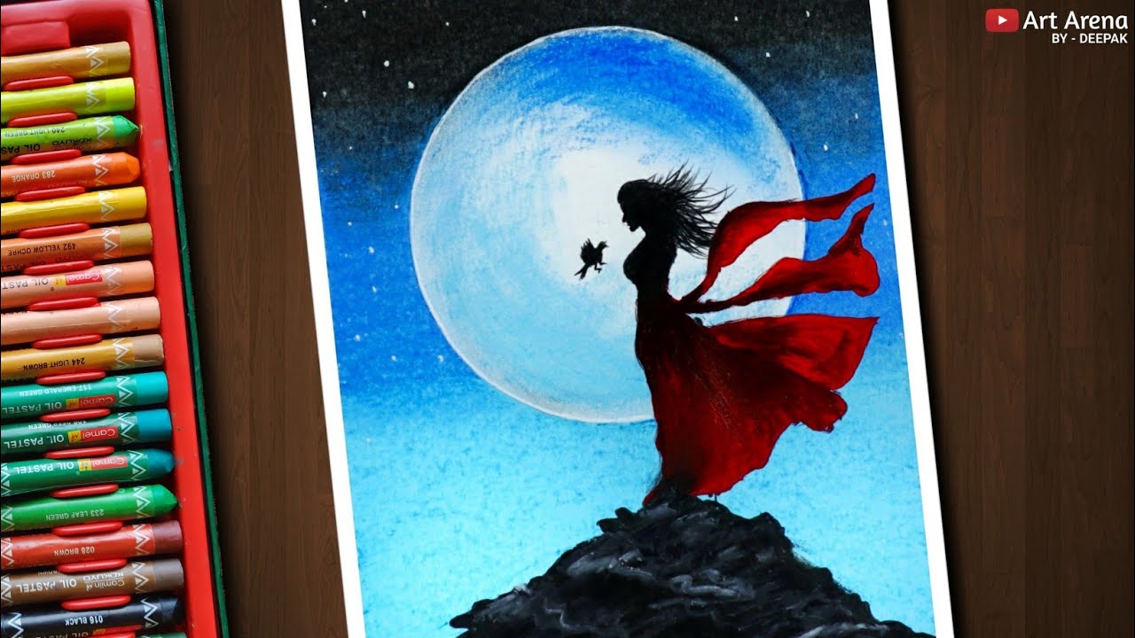 Drawing with Oil Pastels and Acrylic - A Girl on Mountain in Moonlight - Step by Step
