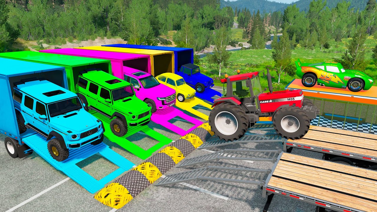 Flatbed Trailer Cars Transportation with Truck - Speedbumps vs Cars vs Train - BeamNG.Drive #72