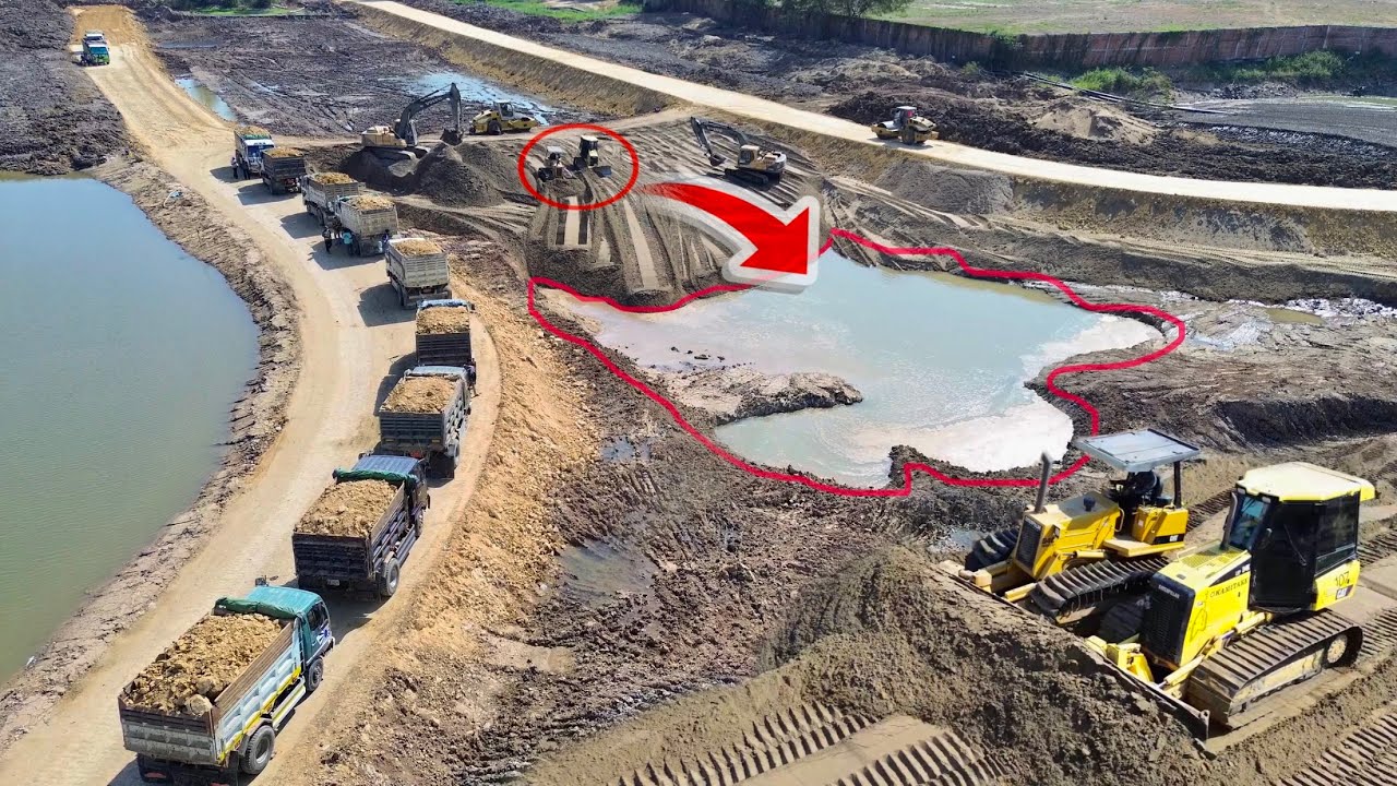 Amazing High-Skilled Operators Two CATERPILLAR Bulldozer Pushing Sand Together To Fill The Pond