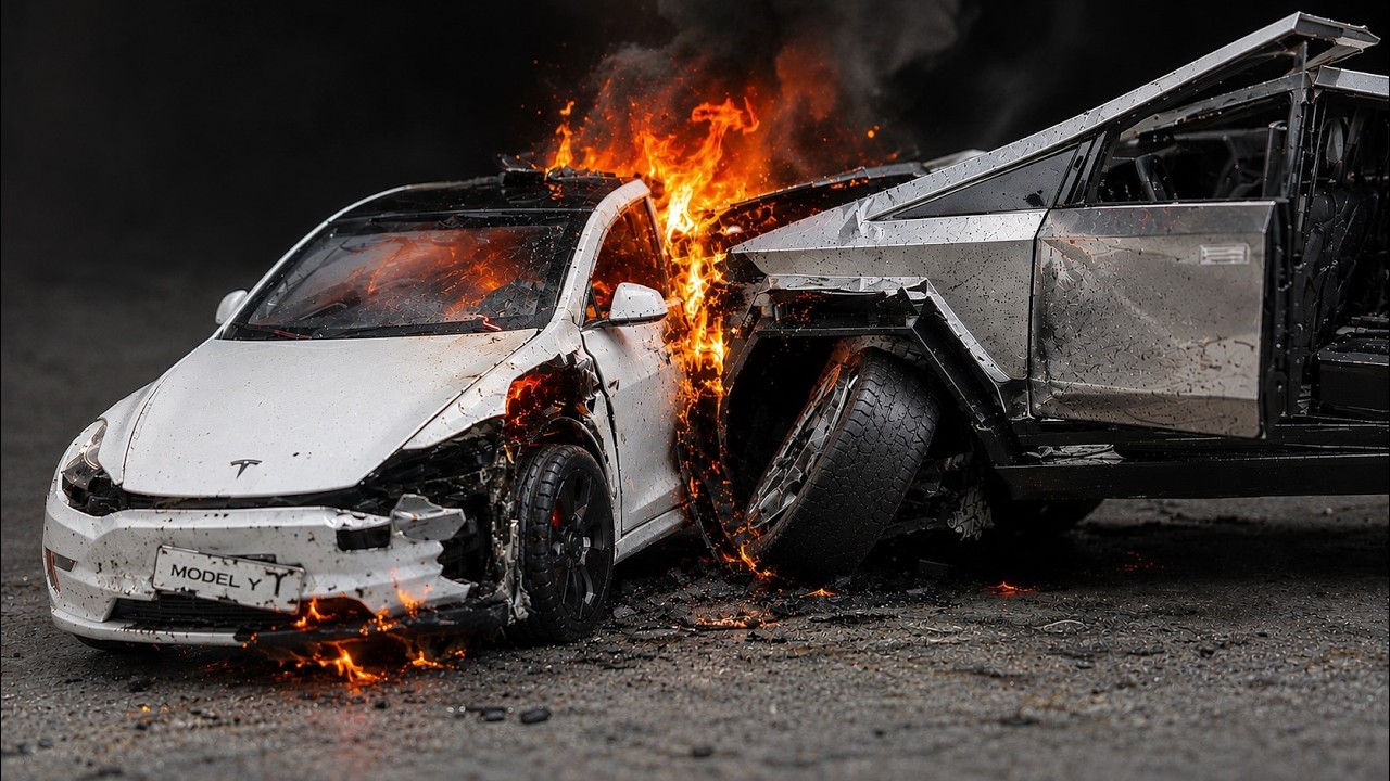 Crashing Tesla Model Y Juniper VS Tesla Cybertruck | Diecast Slow Motion Crash Test