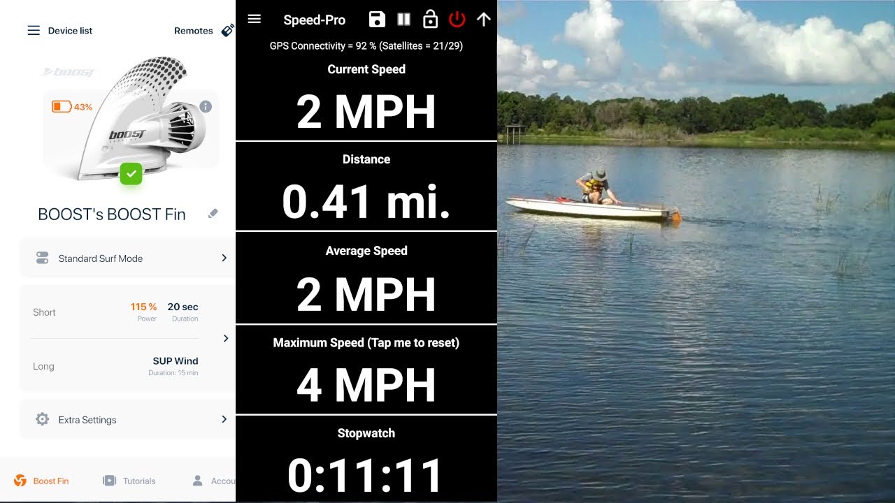 Boost electric surfing fin range test on a Sunfish Sailboat