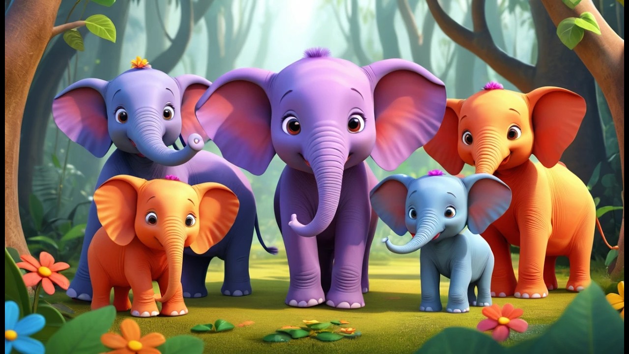 Fünf laute kleine Elefanten stampfen durch den Dschungel | Kinderlieder & Tiergeräusche