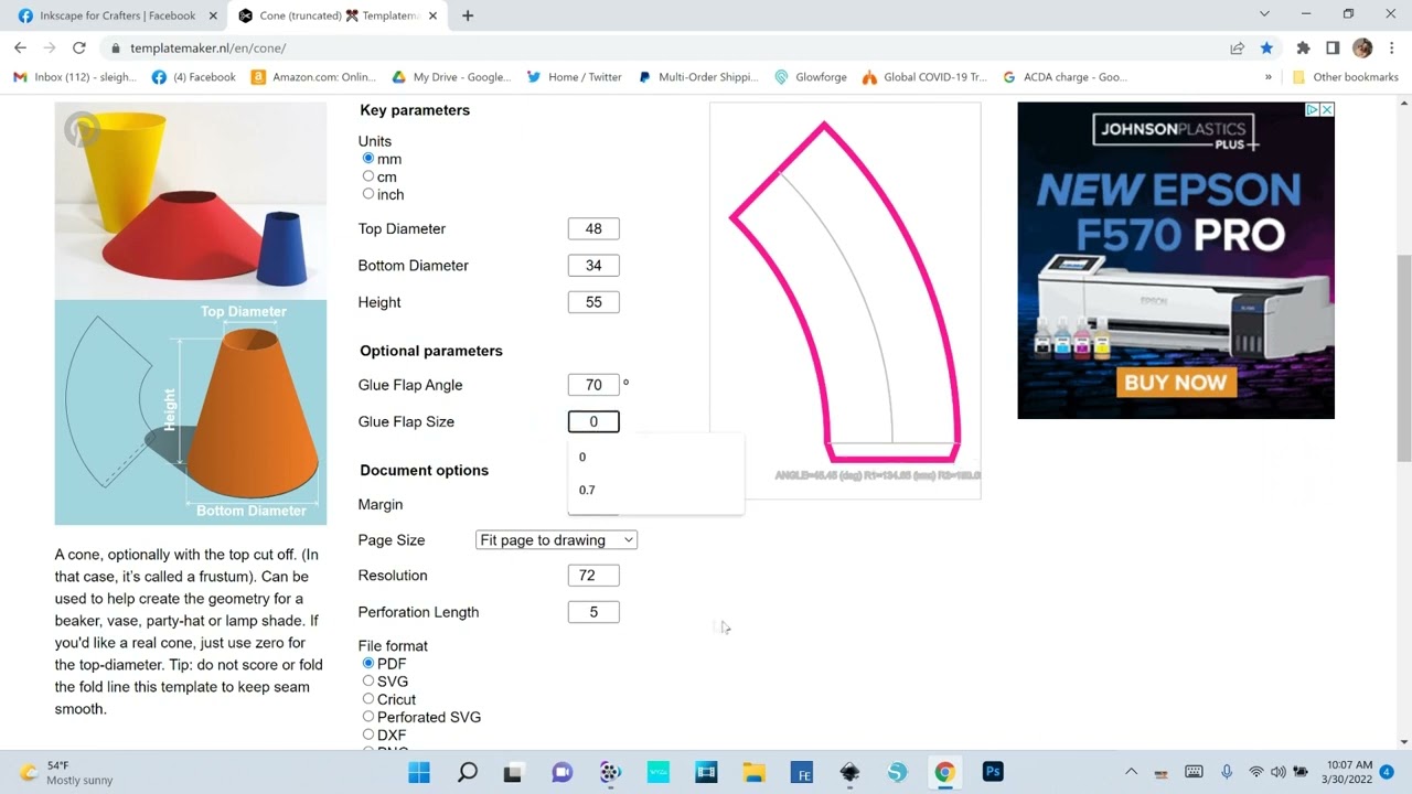 Making your own tapered mug or cup template in Inkscape