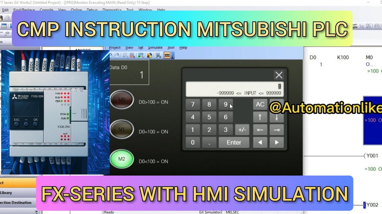 GX Work 2: CMP instruction mitsubishi PLC FX with HMI GT designer 3 simulator, easy to understand
