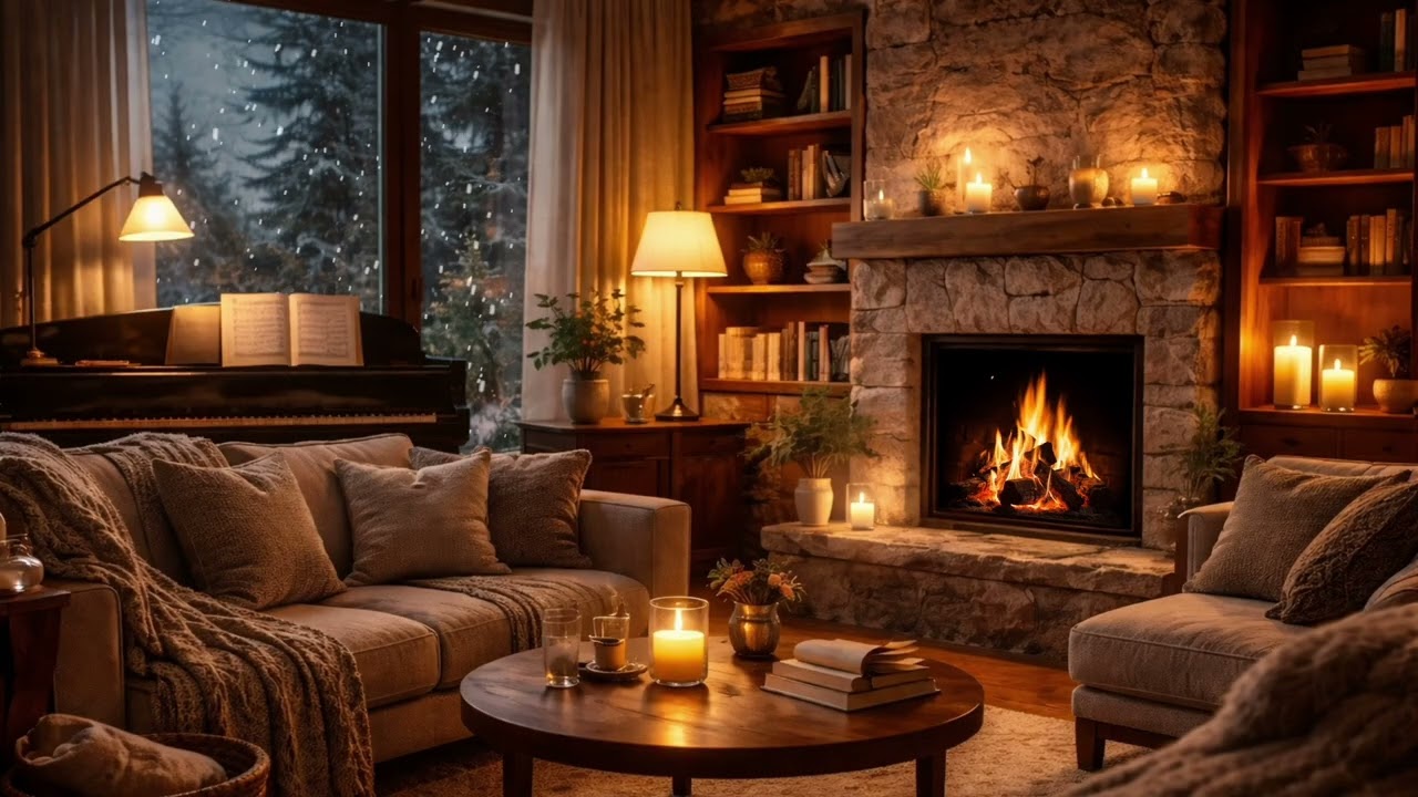 Cozy Cabin Fireplace Ambience, Crackling Fire, Falling Snow, Piano Jazz