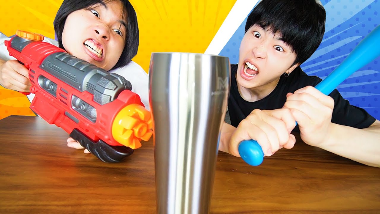 絶対に倒れないコップを絶対に倒したい兄弟www