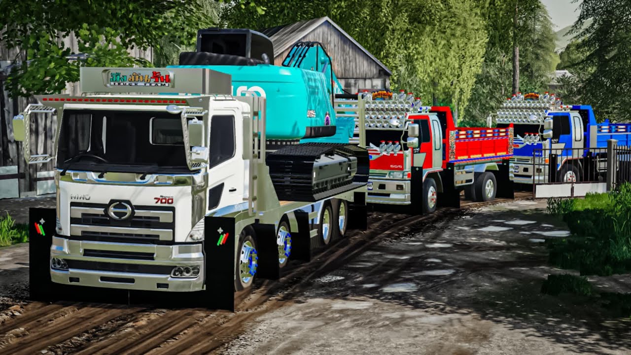 ทีมงานรถดั้มย้ายแมคโครไปหน้างานลุยทางโหดรถติดหล่ม FARMING SIMULATOR 19