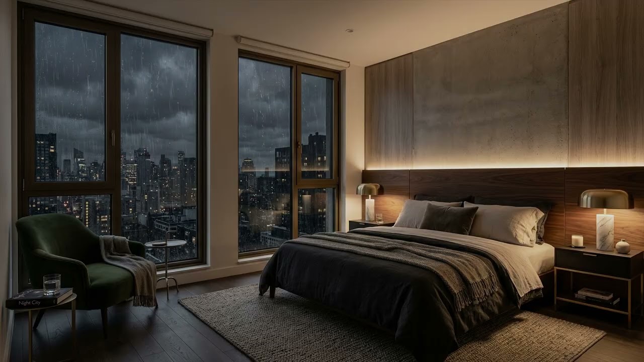 A Silver Curtain Of Rain Over Neon Streets Seen From A Calm City Bedroom Above
