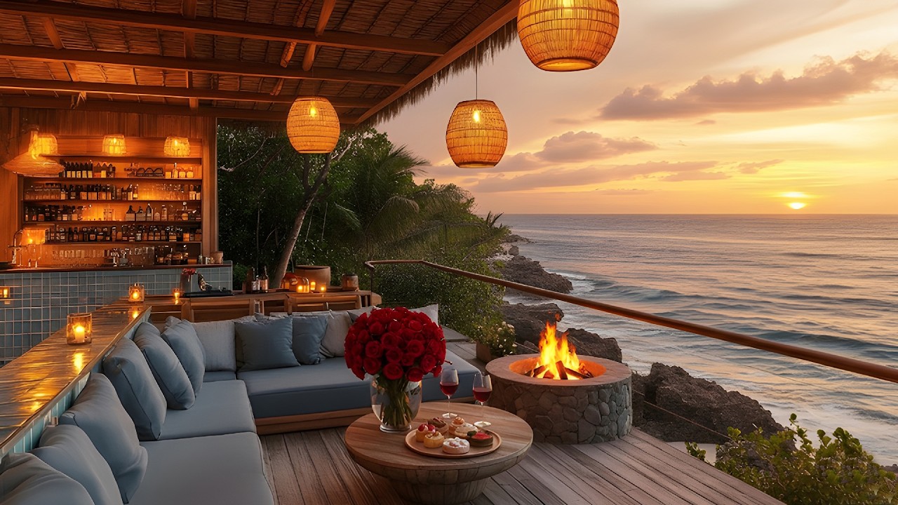 Romantic Seaside Restaurant Ambience 🌊 Soft Jazz & Candlelight Evening