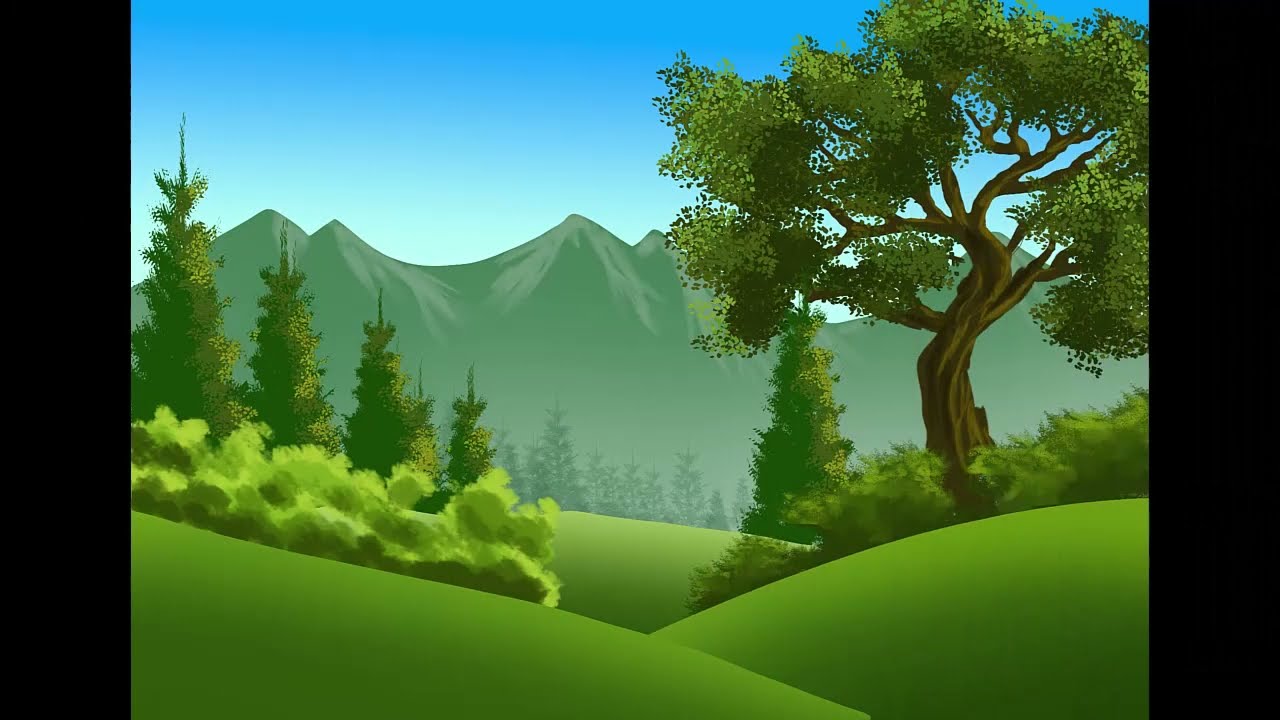 Photoshop drawing of a landscape, green areas with trees and a clear sky