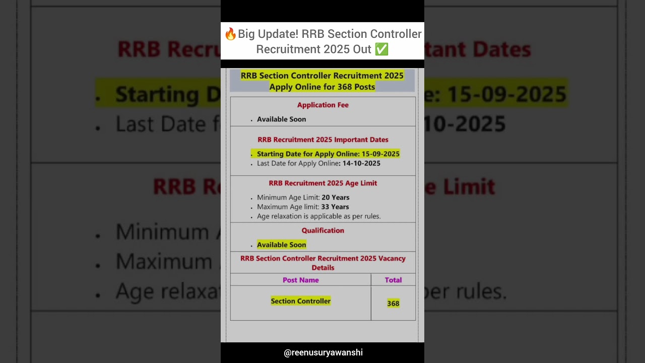 🚂 RRB Section Controller Recruitment 2025🔥  | Govt Jobs | Age Limit, Dates, Eligibility & Apply