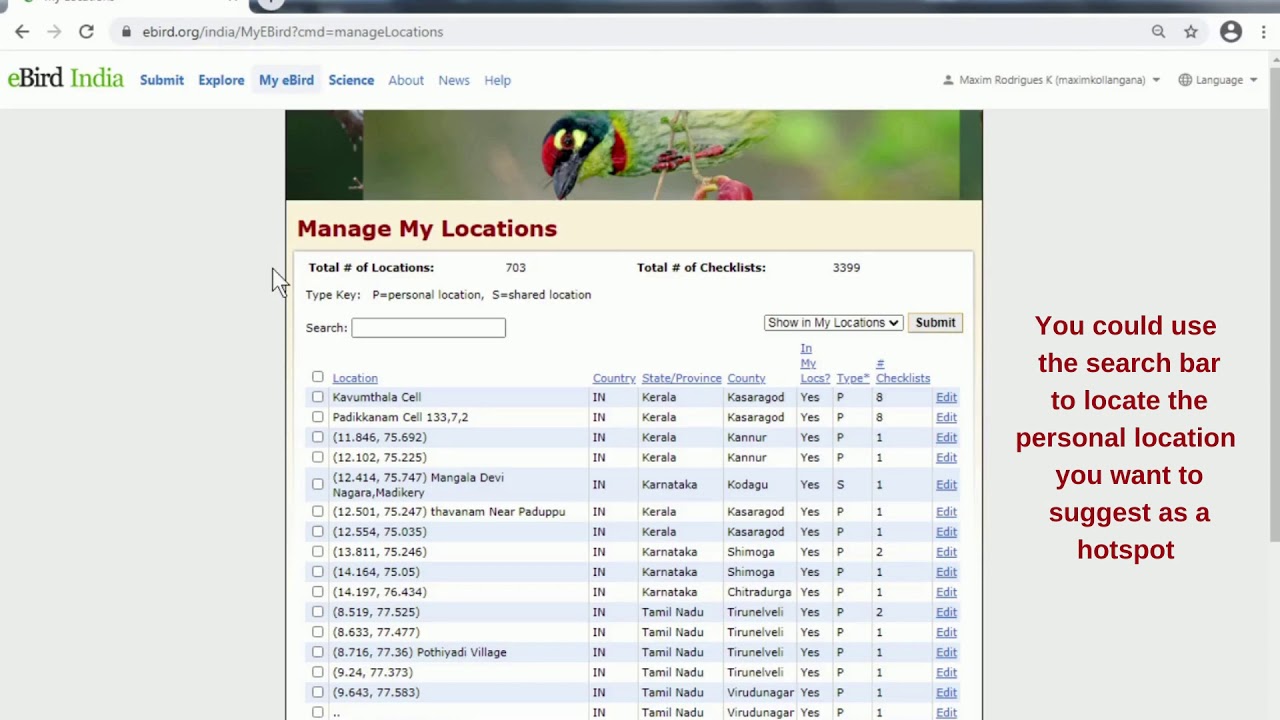 The difference between eBird hotspots and personal locations