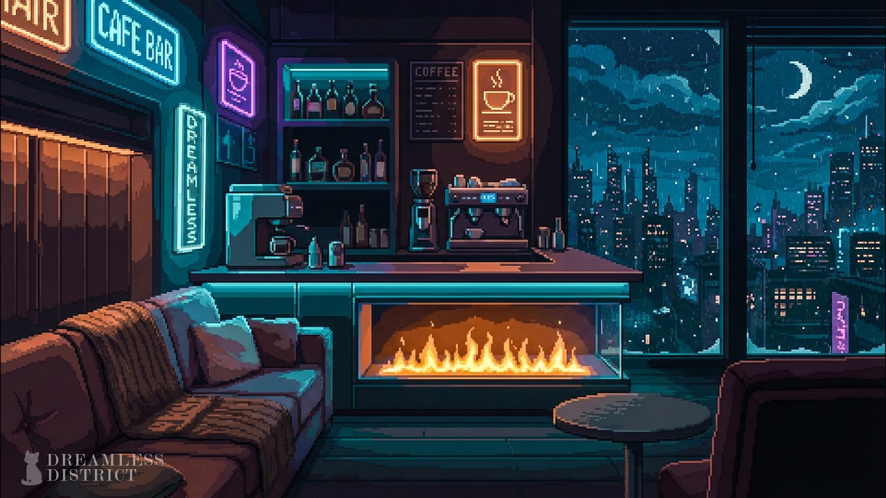 Cyberpunk Cozy Cafe | Night Rain and Fireplace Ambience for Sleep