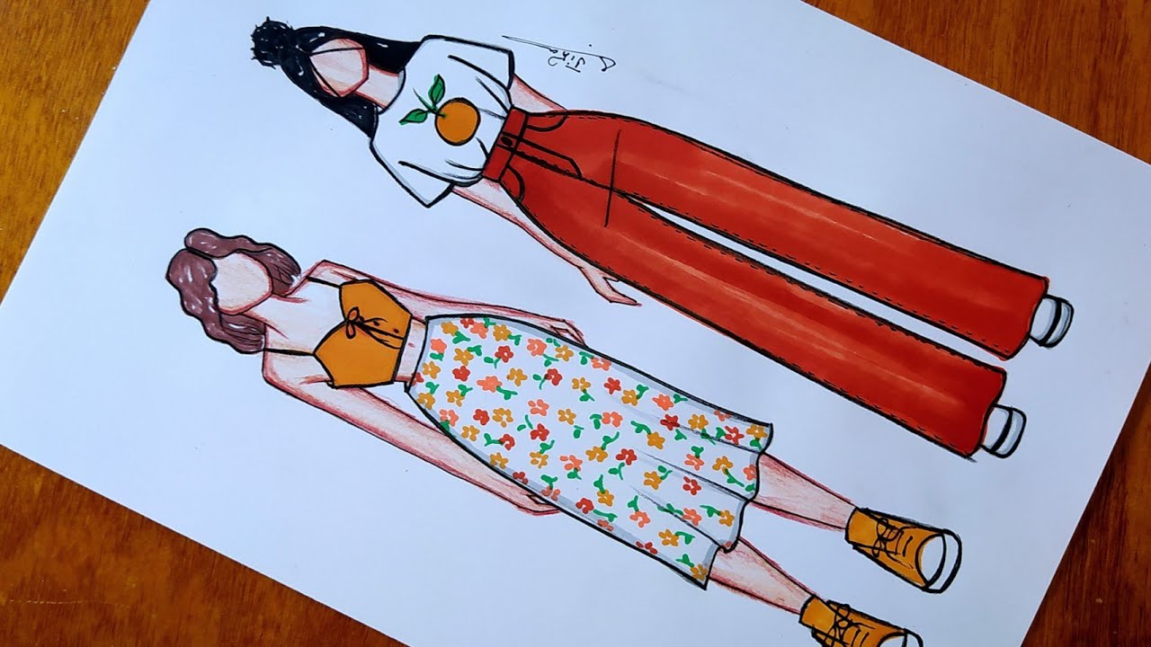 تعليم رسم كولكشن صيف باللون البرتقالي خطوة بخطوة | رسم ازياء كاجوال | ازياء صيف