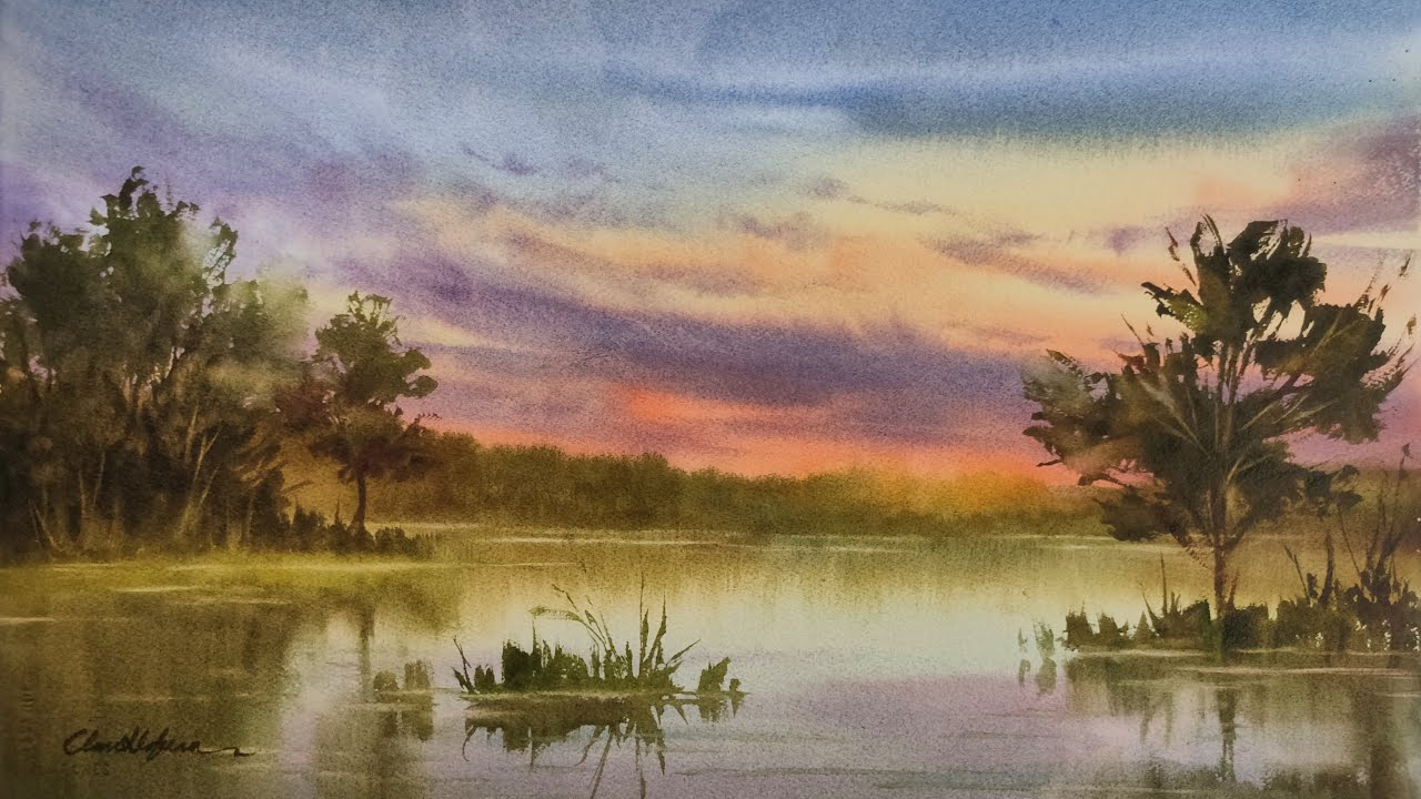 Cómo pintar un atardecer en el lago | PAISAJE EN ACUARELA | Watercolor landscape painting