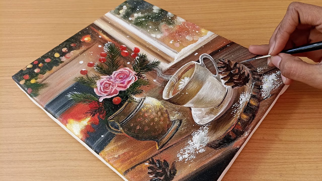 How to draw A Cup of Tea In Morning / How to Paint Winter Morning Scene/Acrylic Painting 