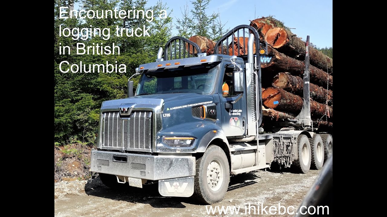 Encountering a loaded logging truck on forest service road  - BC Sunshine Coast - ihikebc.com