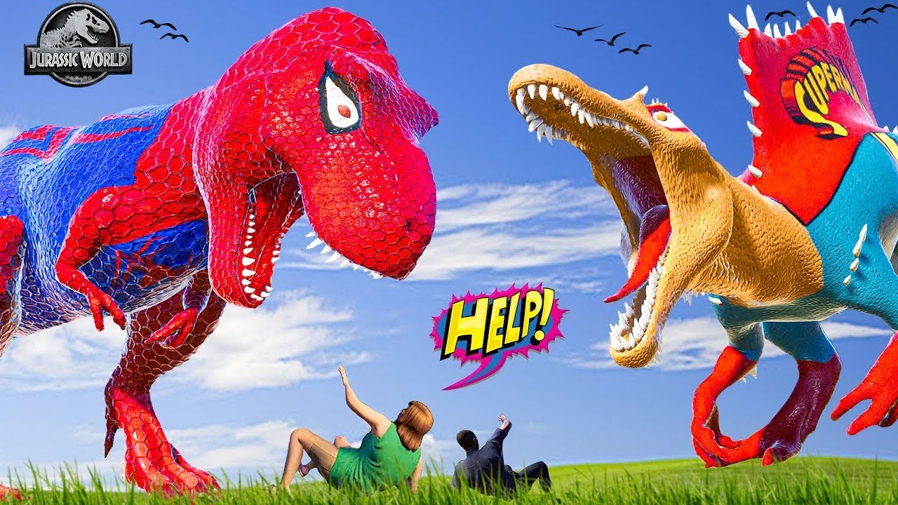 NEW SpiderMan Dinosaur Team vs All Tyrannosaurus Rex Pro 8 Superhero Dinosaurs Jurassic Spiderman