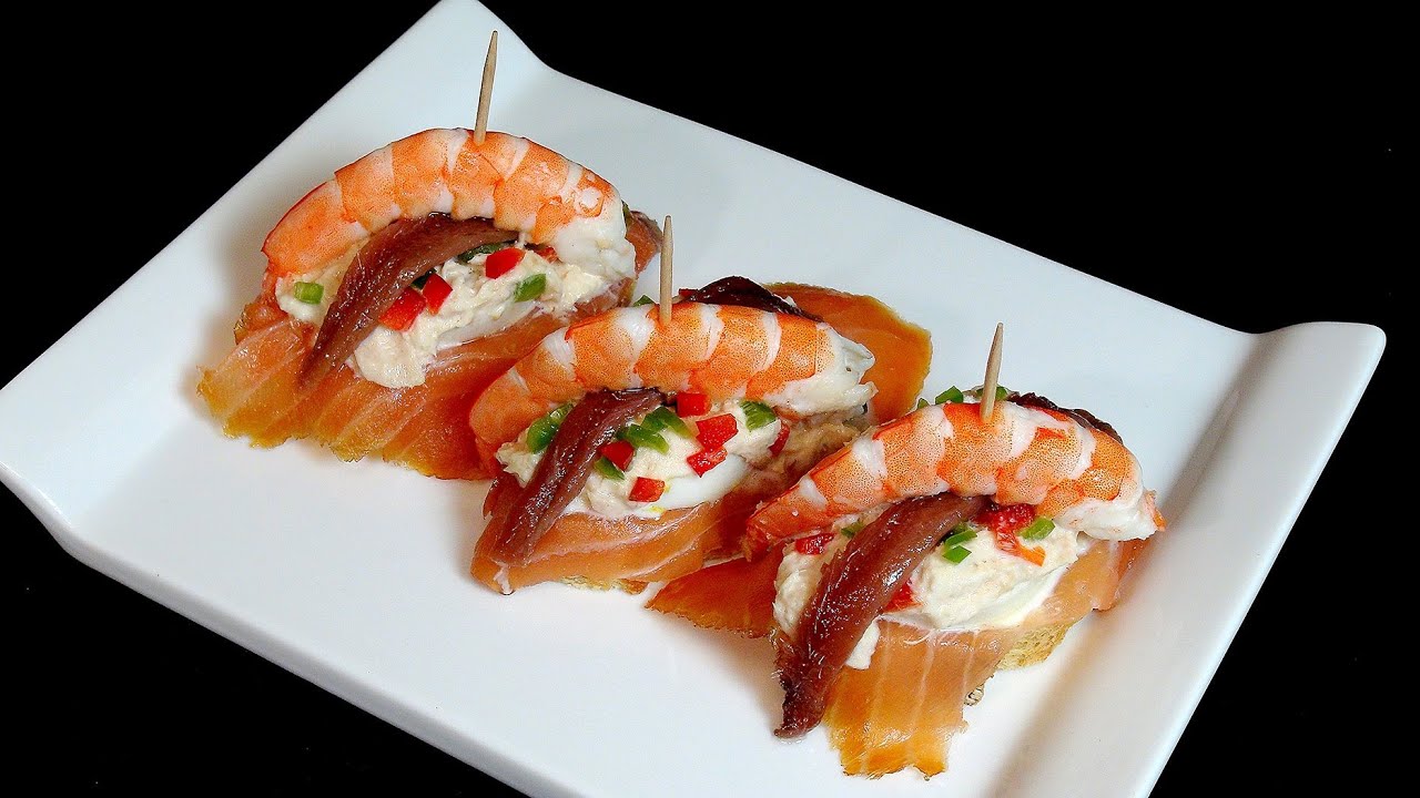 Pintxo de salmon y langostino. Recetas de pintxos