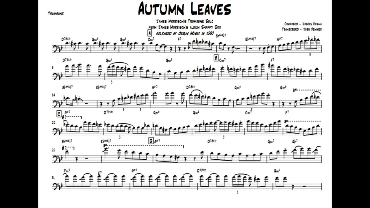 Autumn Leaves - James Morrison's Trombone Solo Transcription