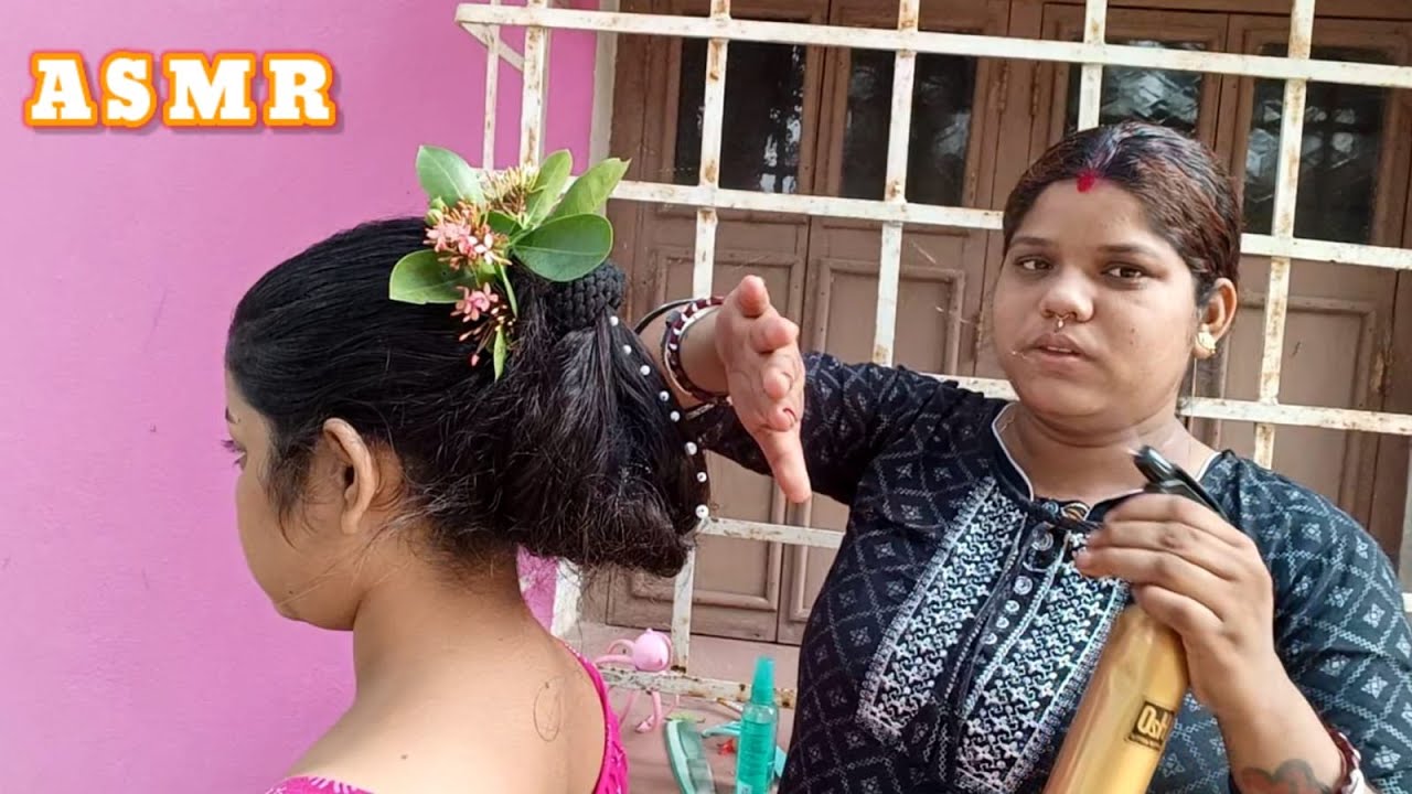 ASMR Fast Doing My Sweet Sister Indian Village Festival Hair Binding Style (Whispering) 👧🌹💋