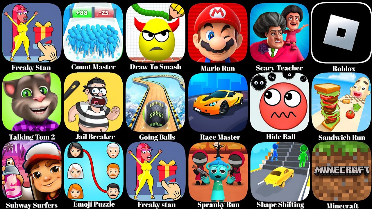 Grimace Monster, Scary Survival,Thief,Puzzle,Bowmasters,Hide Ball ,Super Mario Run,Kick The Buddy