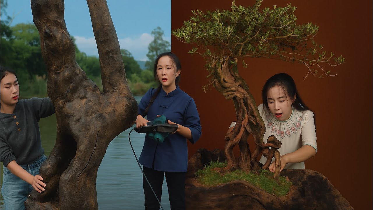 A large log is decorated into a masterpiece of bonsai.