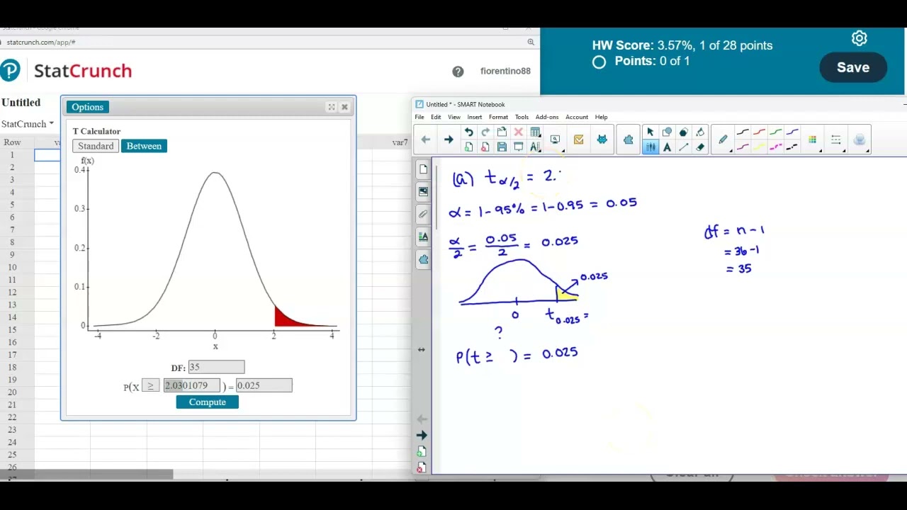 Math 14 HW 7.2.5-T Find critical t value, margin of error & confidence interval for population mean.