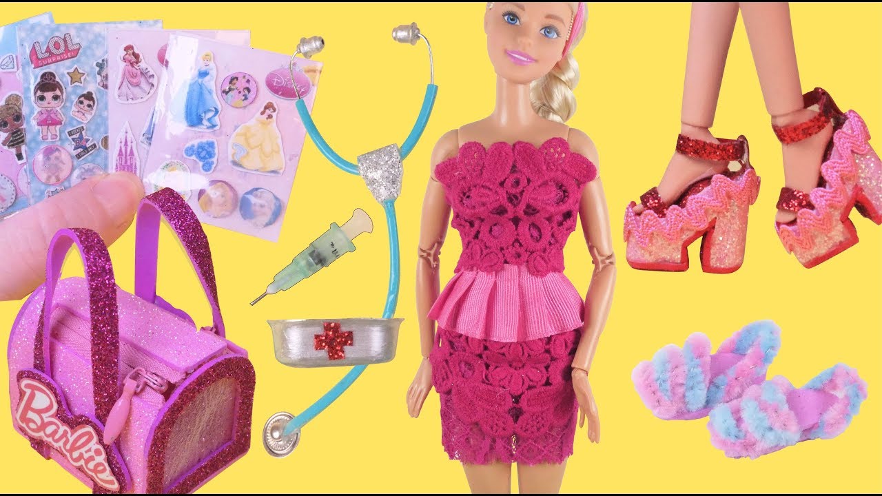 12 DIY Miniature Barbie Hack and Crafts~ Dress, High heels,  Medical kit, LOL Surprise and more~