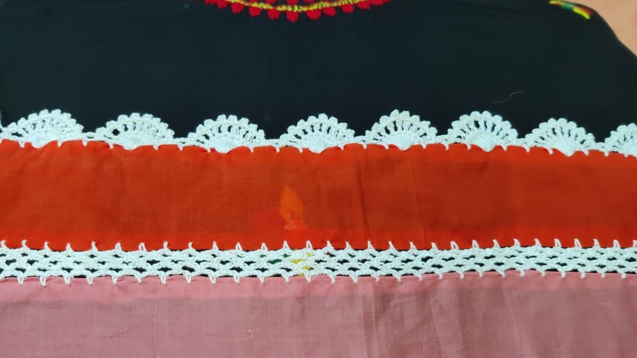 জামায় হাতায় এবং ওড়নায় কুশিকাটার কাজ। কুশিকাটার বডার। কুশিকাটার লেস ডিজাইন।