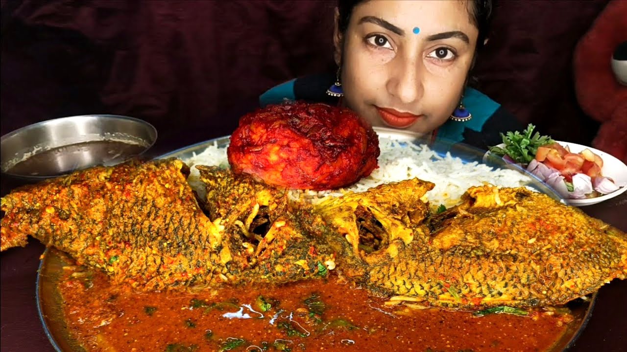 BIG FISH CURRY BASMATI RICE/WHOLE FISH/ MACH BHAT/ Daal Aloo Bhorta Fish Curry EATING MUKBANG ASMR 
