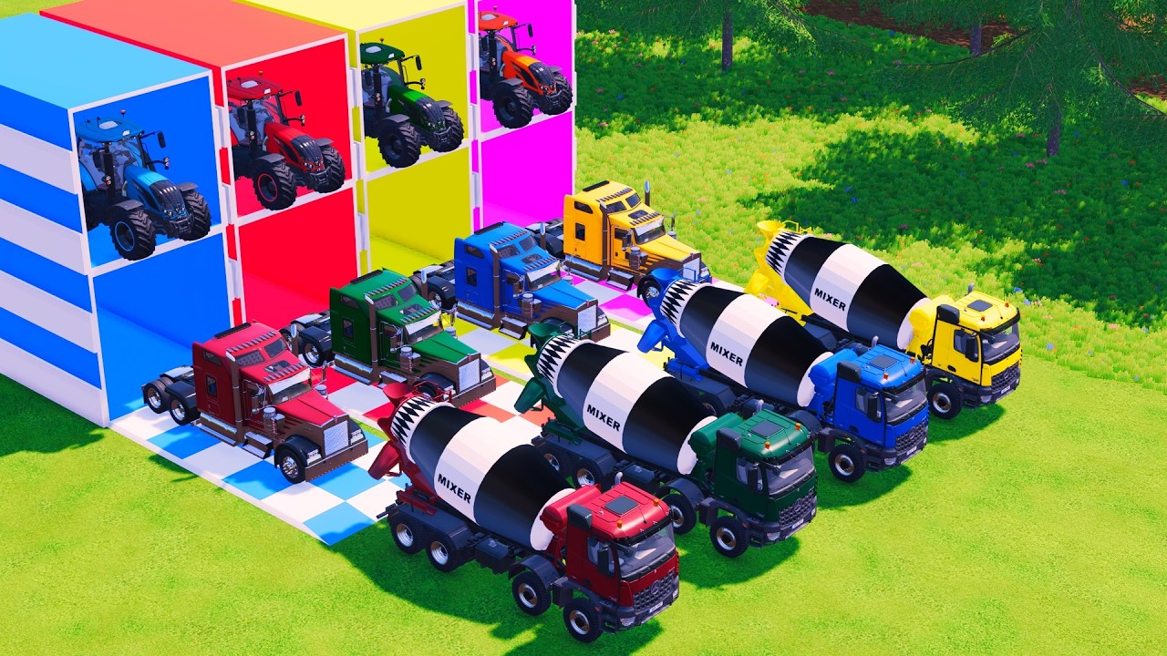 Transport with Colors - ALL MIXER TRUCK WITH DOUBLE FLATBED TRAILER TRUCK & TRACTOR! FS22 #127