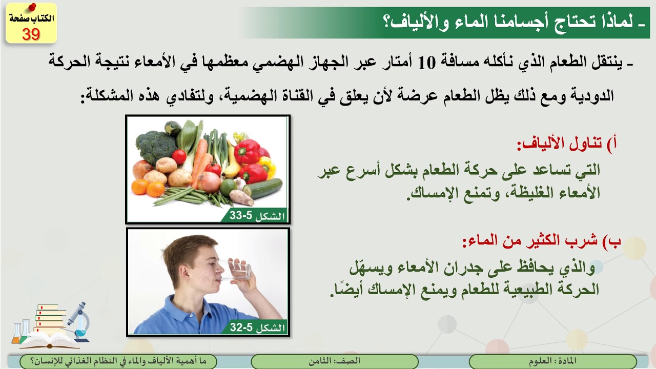 الصف الثامن   العلوم   ما أهمية الألياف والماء في النظام الغذائي للإنسان؟
