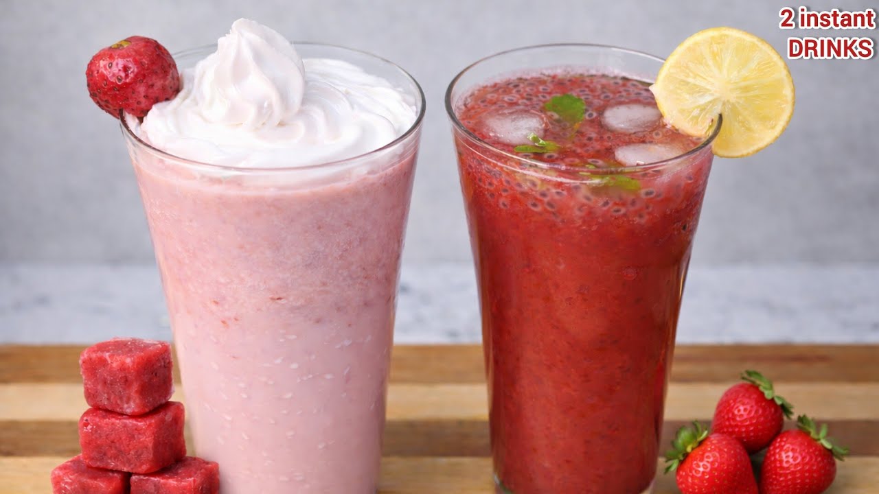 2 Instant Strawberry Drinks from Frozen Strawberry Cubes | Milkshake & Lemonade Recipe