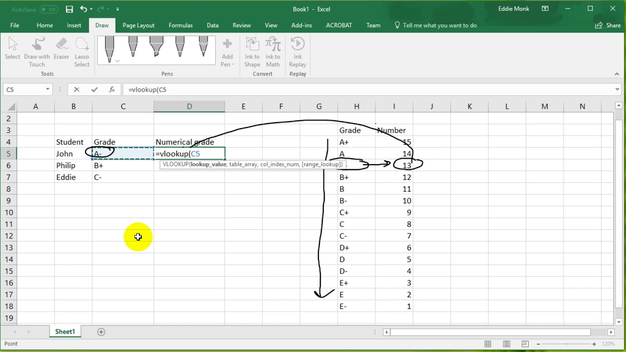 Учебное пособие по Excel 2016 — Использование функции VLOOKUP для преобразования буквенной оценки...