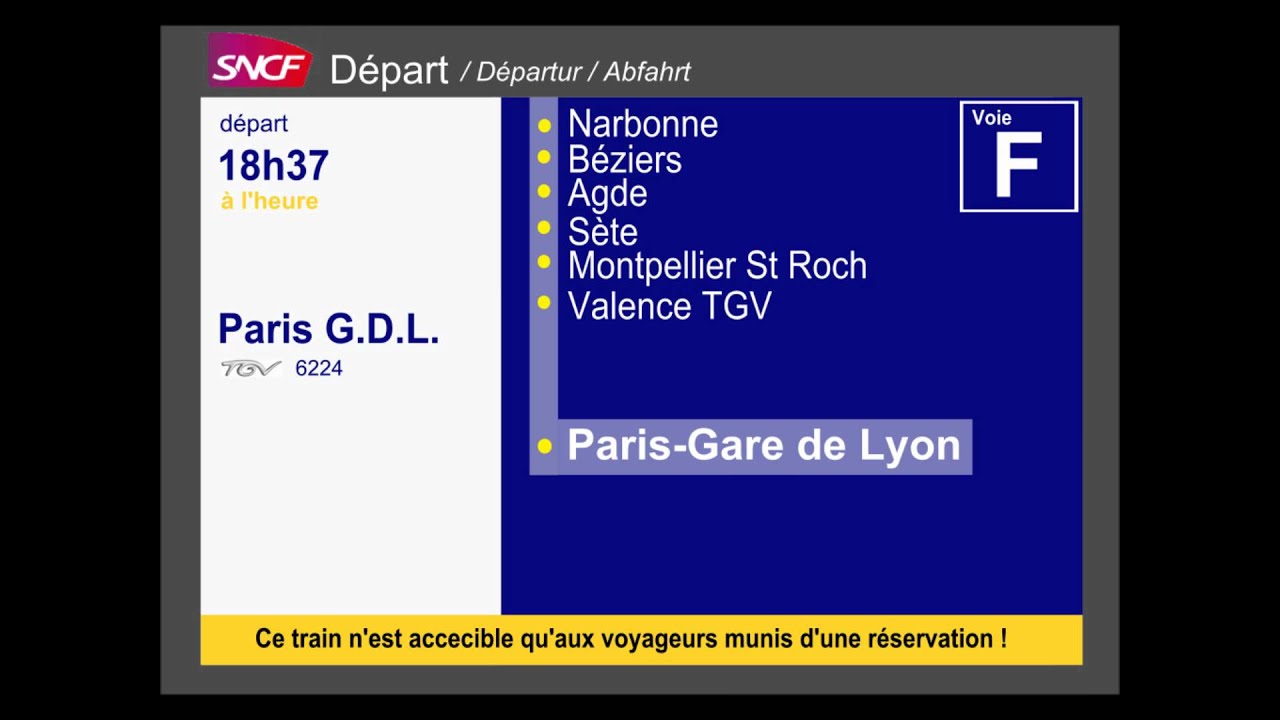 Annonce SNCF du TGV 6224 pour Paris-Gare de Lyon ( Français/Espagnol ).