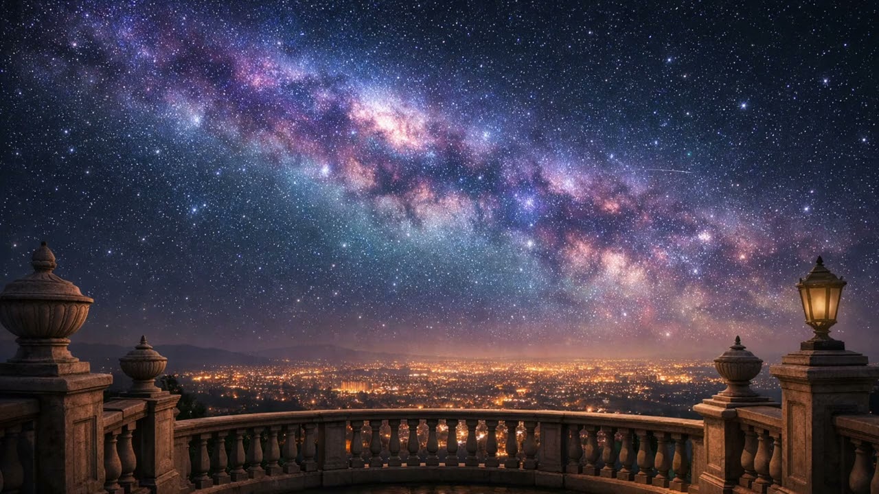 4K Galaxy Night Sky off Palace Balcony, Tranquil and Serene, for Sleeping and Meditation.