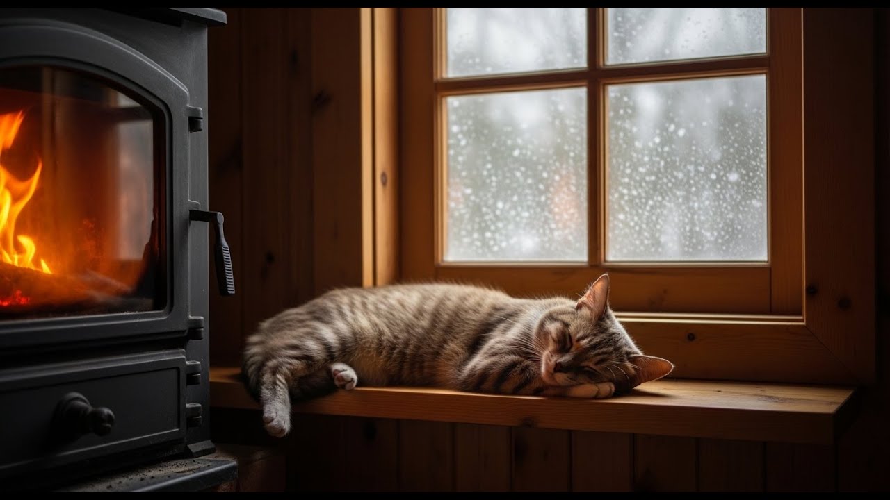 CALMING PEACEFUL RELAXATION MUSIC FOR CATS 🐱 WARM WINTER ATMOSPHERE, COZY ROOM & SOFT FIREPLACE