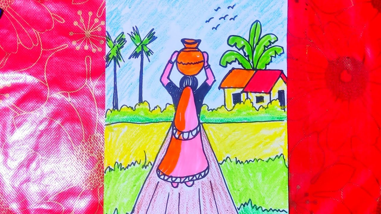 Village women drawing ideas step by step || easy village scenery drawing #drawing #easydrawing 