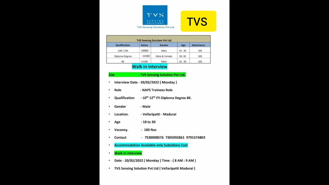 TVS job || Tamilnadu job || job for Diploma and BE || 2023 job || Freshers job