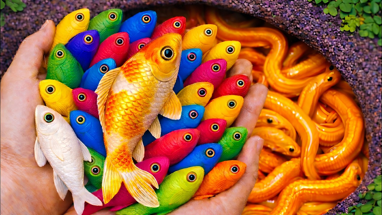 Catch beautiful aquarium fish in small pond baby turtle, eel, pencil fish, guppies, koi, puffer fish