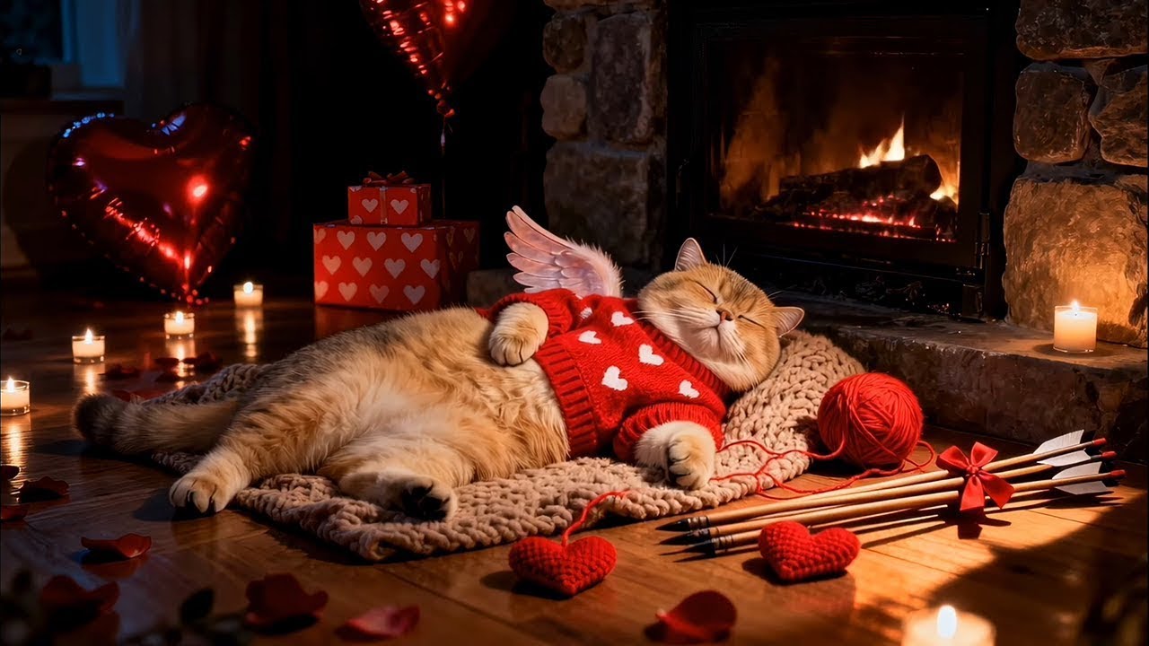 Cozy Valentines Day Cat Purring ASMR 😻🔥 Romantic Fireplace Ambience (No Music)