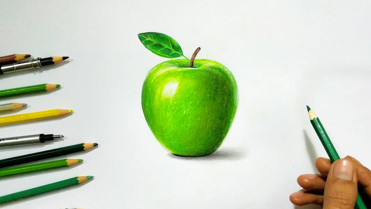 Lukisan 3d Menggambar Buah Apel dengan Pensil Warna