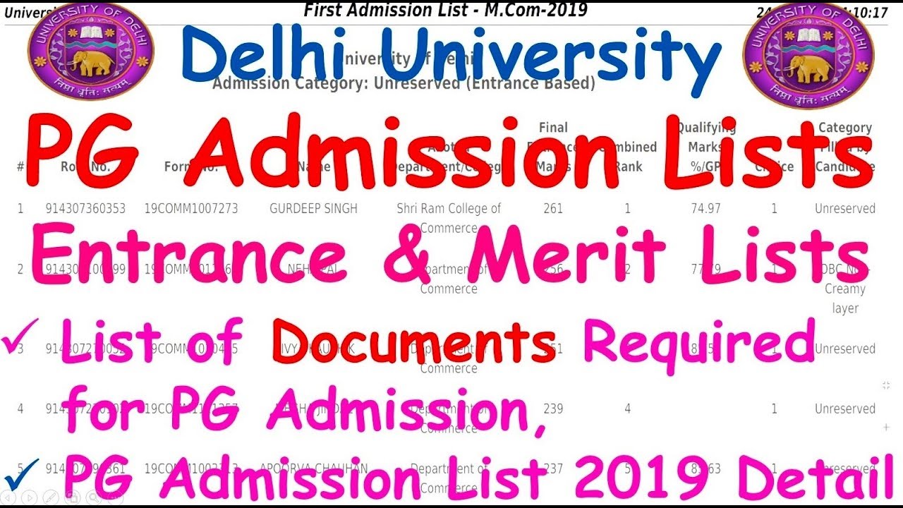 Delhi University PG admission list 2019 | Documents Required for PG Admission