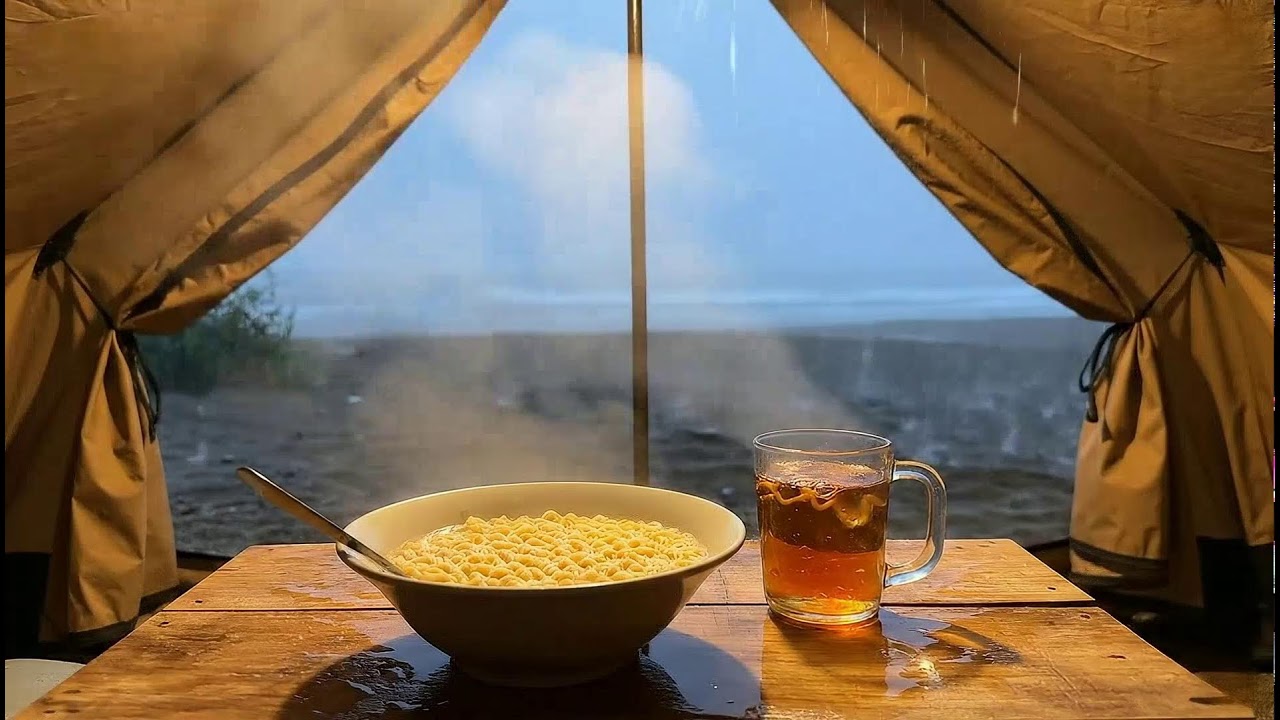 Cozy Beach Tent Rain ASMR: Steaming Ramen & Hot Tea 🍜 #RainyVibes