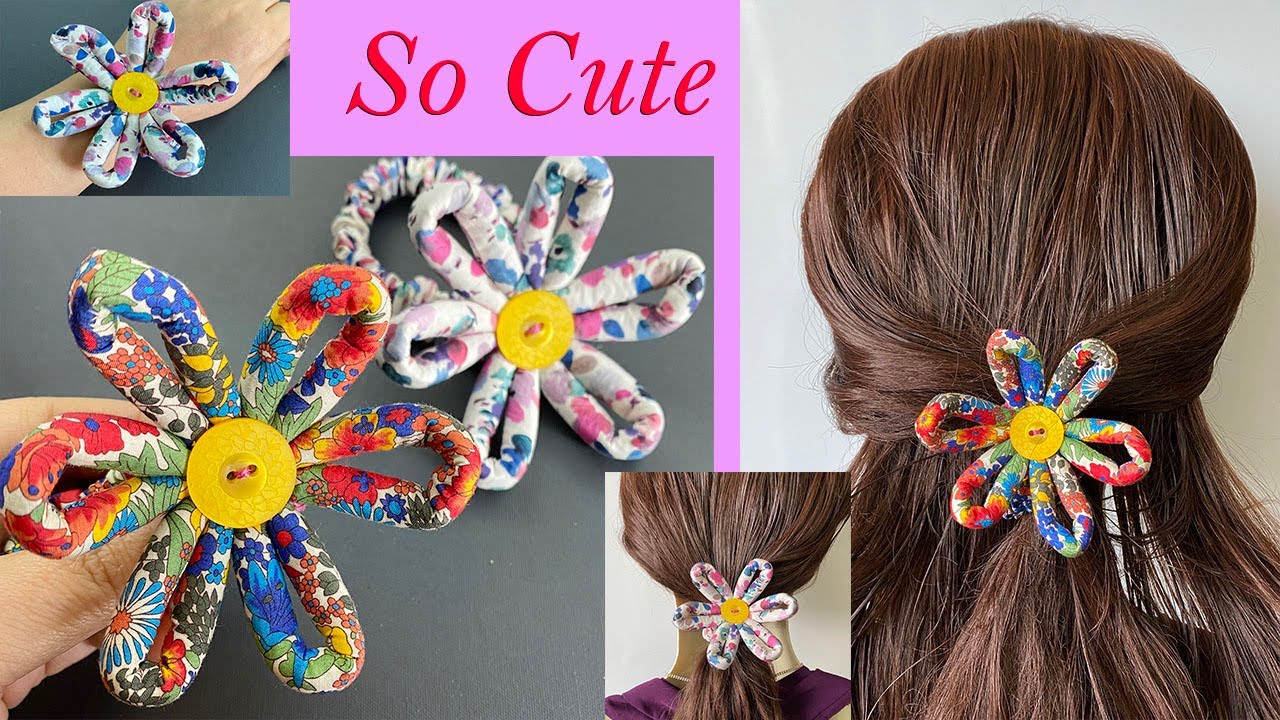 🌹 How to Make Fabric Scrunchie Button Charm Flower Bracelet /  Hair Tie | pulseira / laço de cabelo