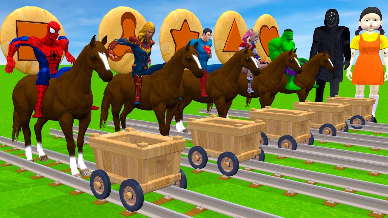 Superhero 3D vs Squid Game Horseback Riding Over Barriers Unlock Dalgona Candy 5 Time Challenge