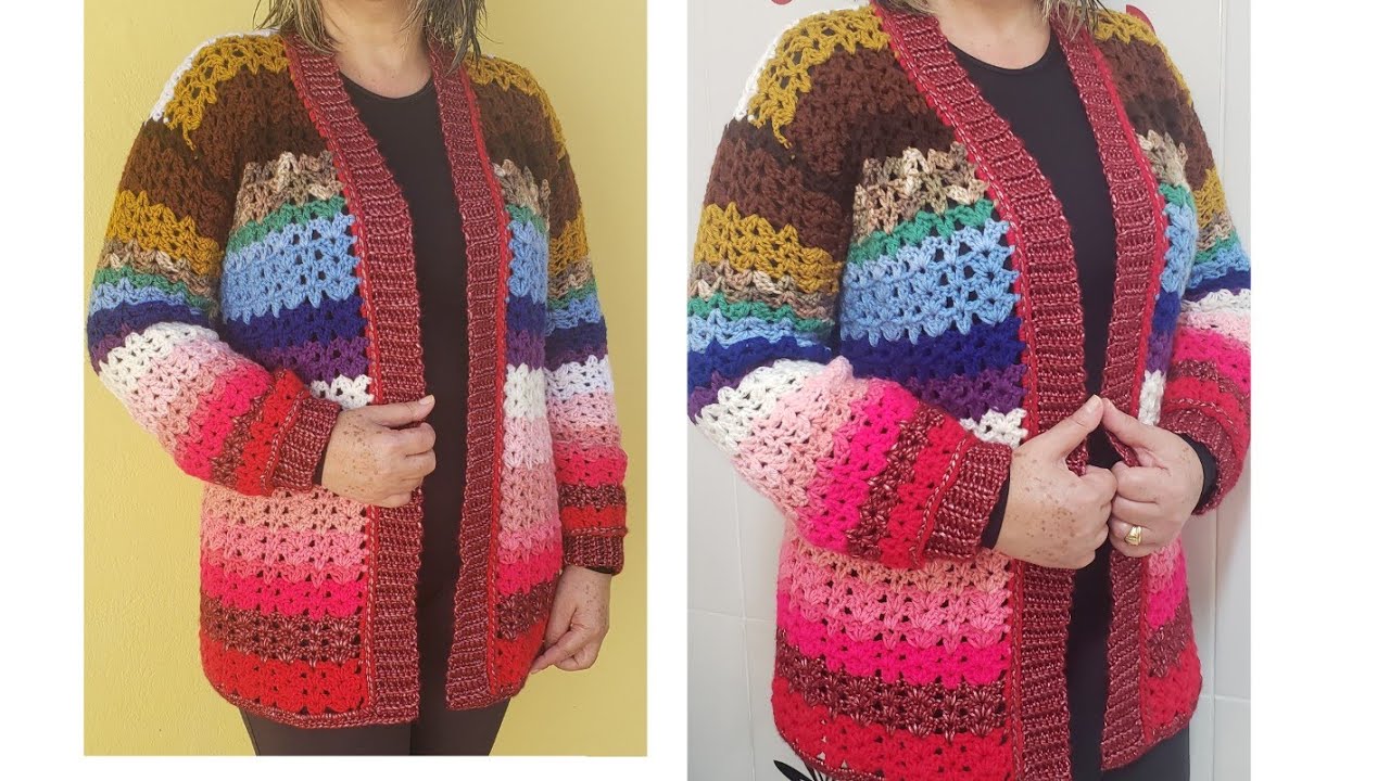 CARDIGAN DE CROCHE MADALENA TAMANHO G COM EXPLICAÇÕES PARA TODOS OS TAMANHOS