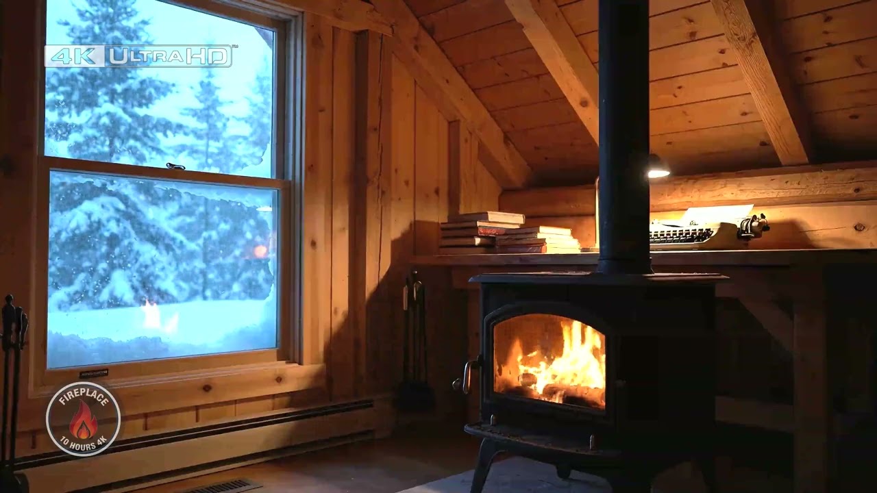 Warm Cabin in Winter 4K ❄️ | Fireplace 10 Hours Crackles & Soothing Snowfall Outside